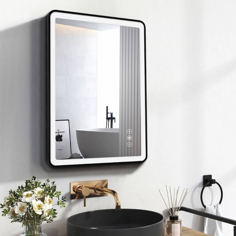 Side view highlighting the thickness of the modern black framed mirror