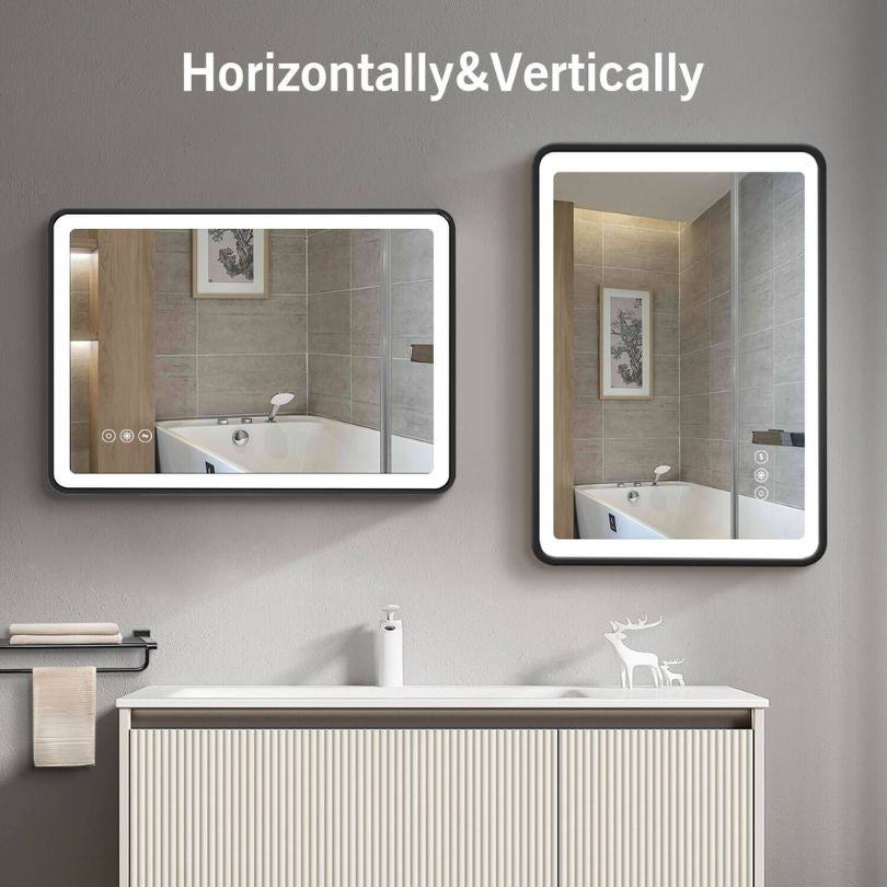 Front view of the modern black framed LED bathroom mirror with touch sensor