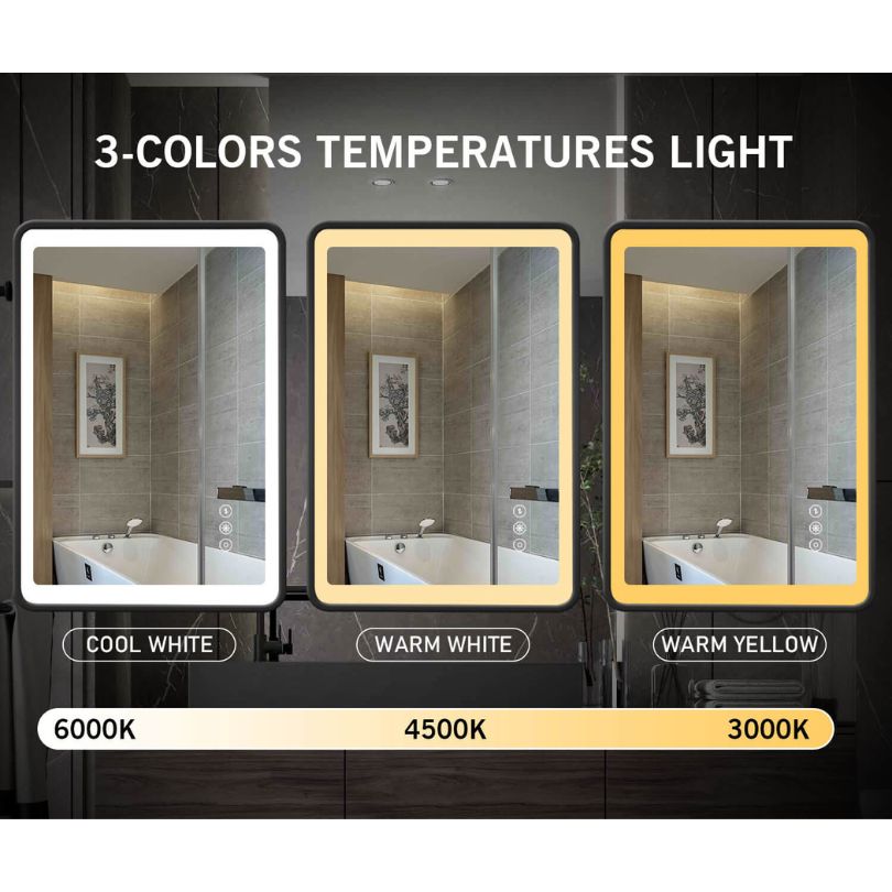 Close-up of the touch sensor controls on the LED bathroom mirror