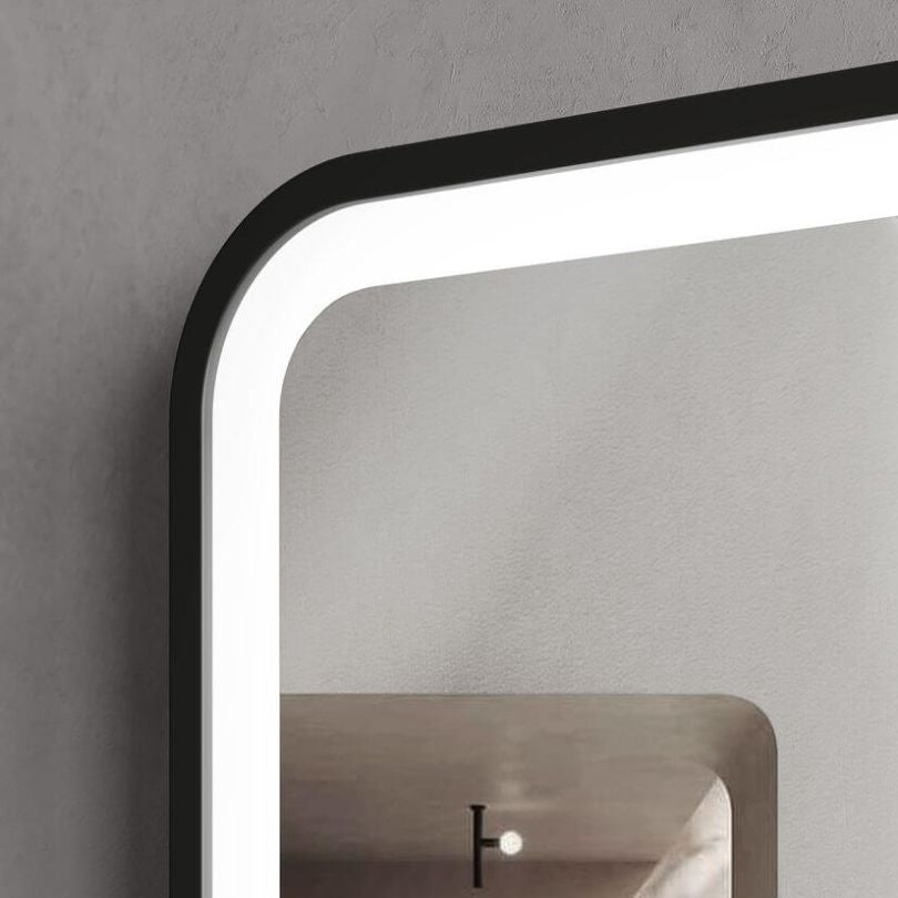 Close-up of the touch sensor controls on the LED bathroom mirror