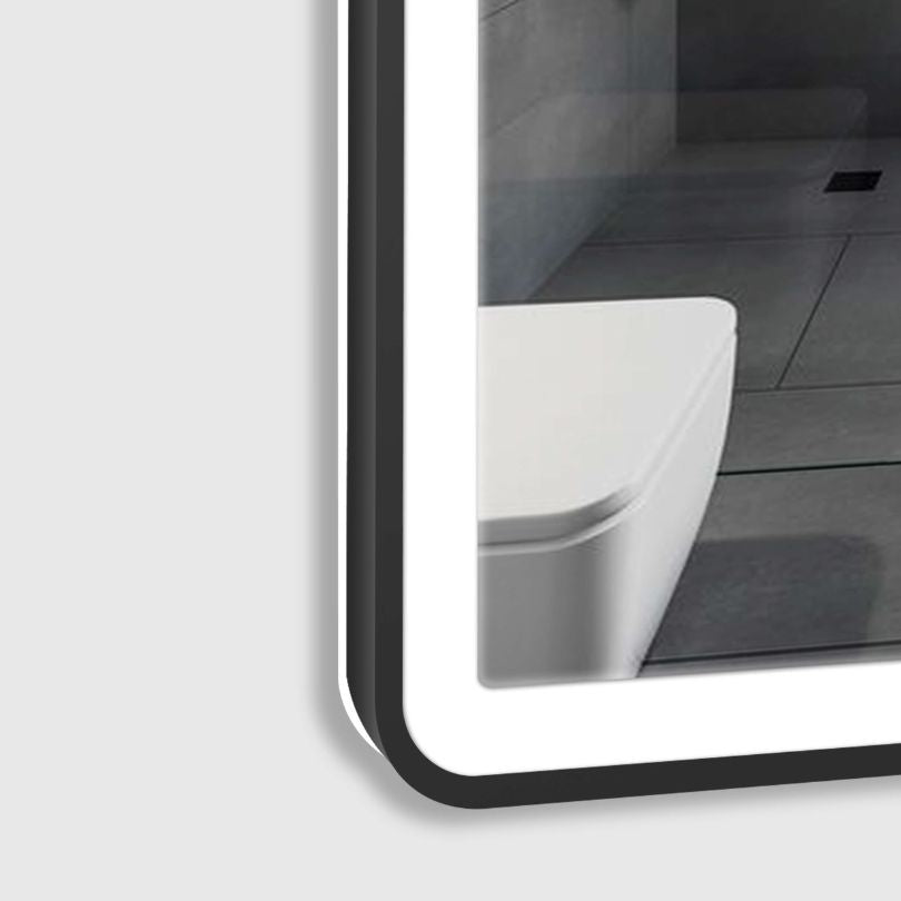 Side view highlighting the thickness of the modern black framed mirror