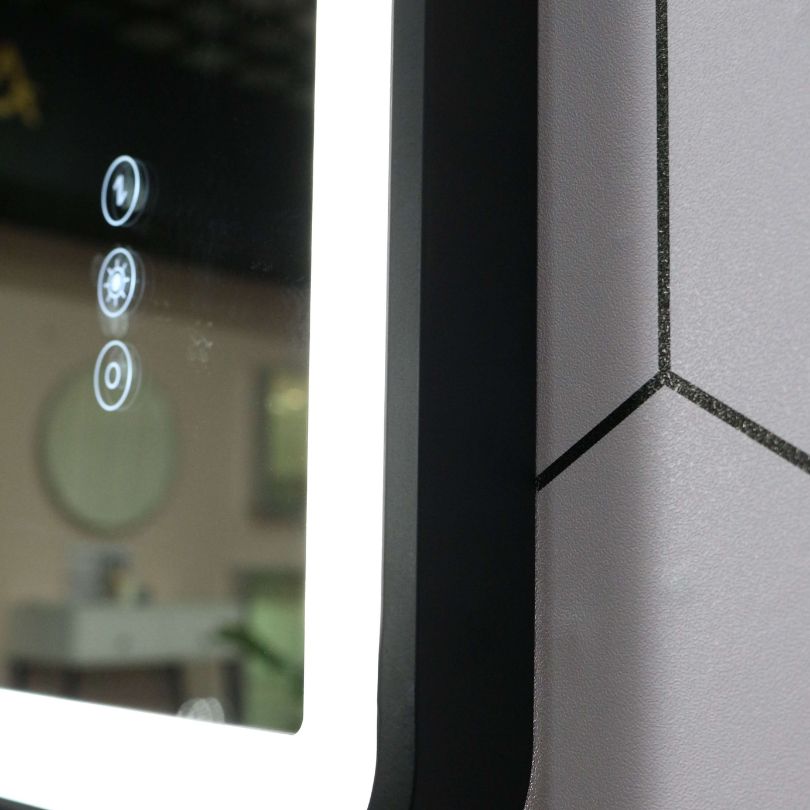 Front view of the modern black framed LED bathroom mirror with touch sensor