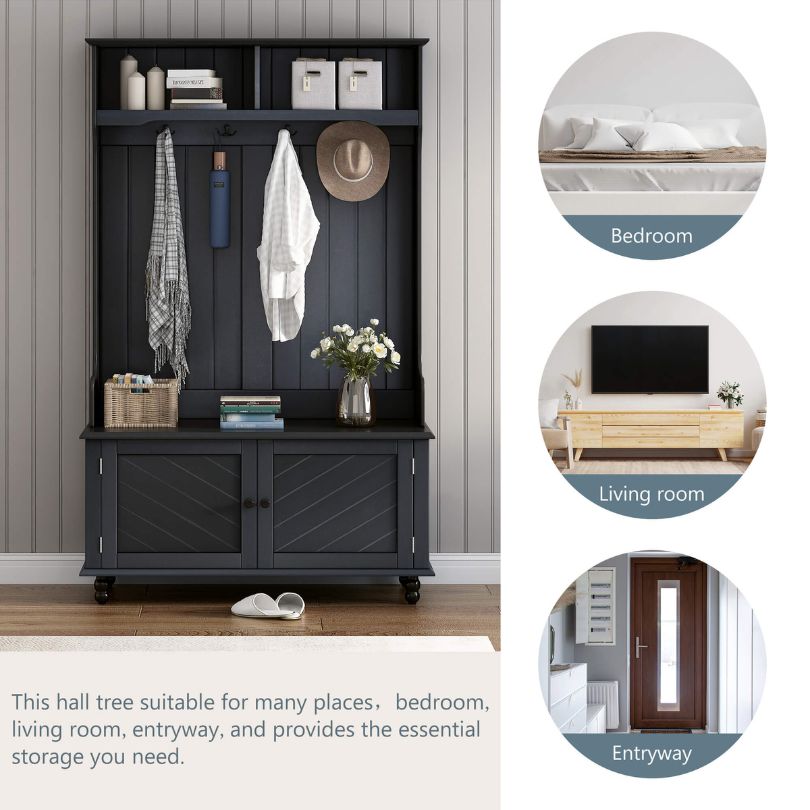 Close-up of the black coat racks shelves and hooks, highlighting its storage capacity.
