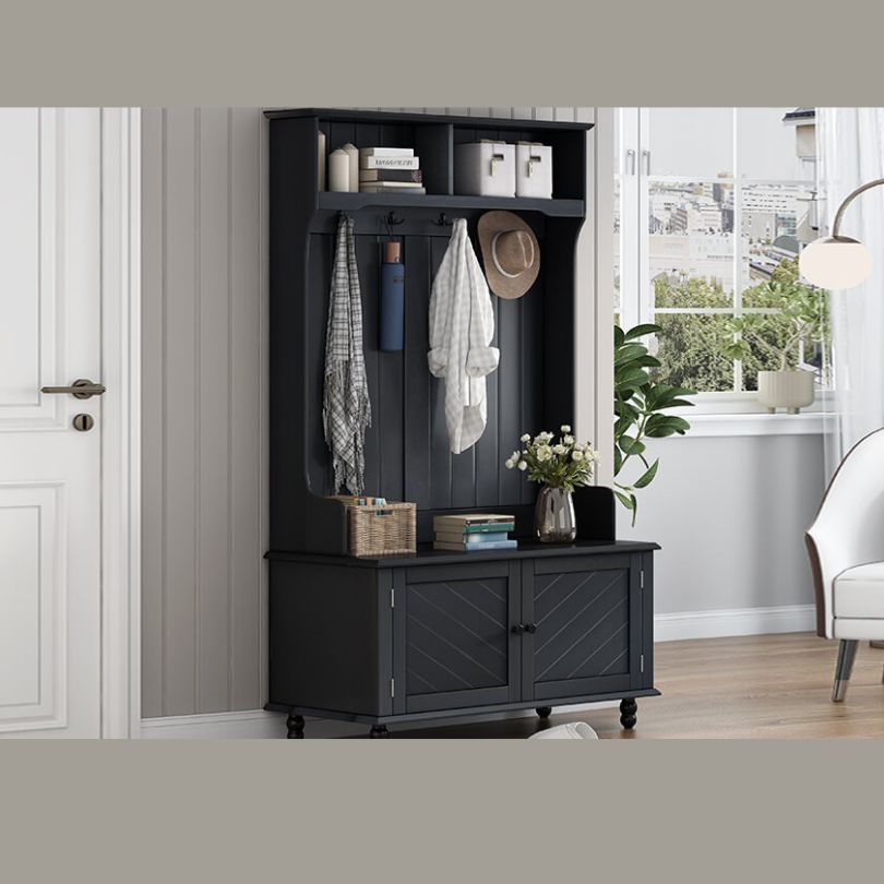 Modern black hall tree coat rack showcasing its elegant design and functionality.
