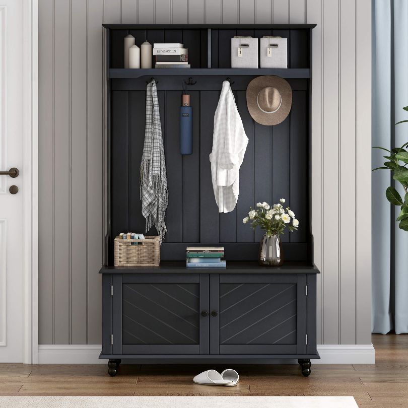 Modern black hall tree coat rack showcasing its elegant design and functionality.