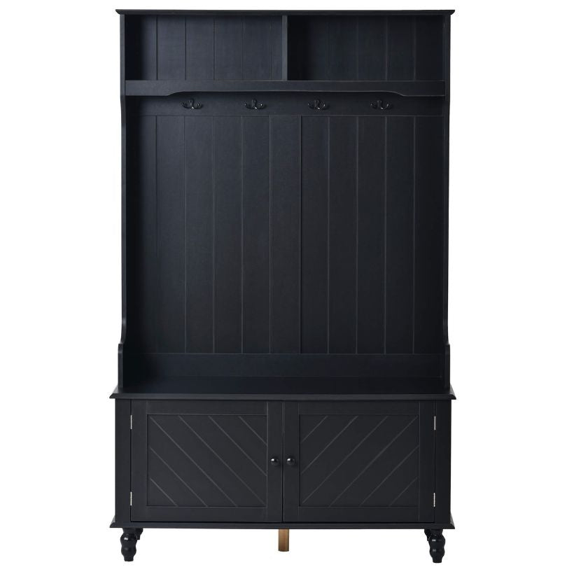 Close-up of the black coat racks shelves and hooks, highlighting its storage capacity.