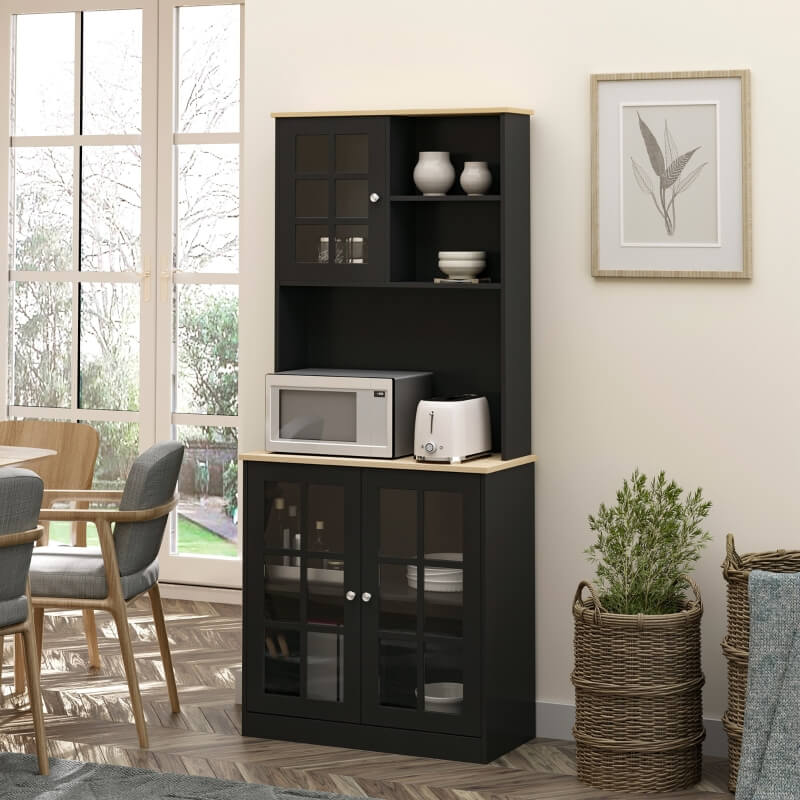 Elegant black kitchen pantry cabinet with hutch showcasing open storage and glass doors.