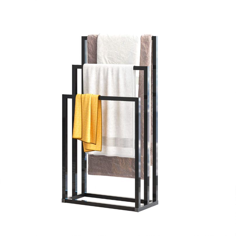 Close-up of the modern 3-tier towel rack highlighting its durable metal frame