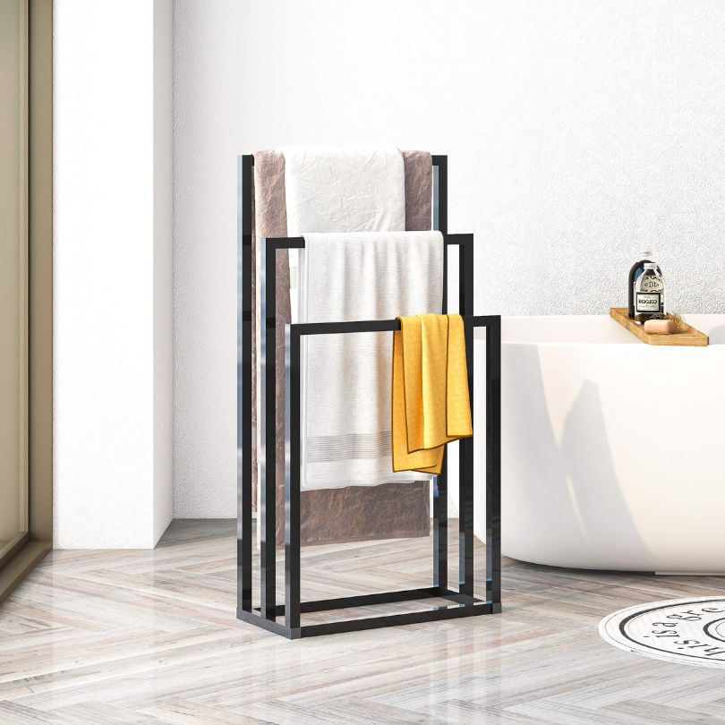 Close-up of the modern 3-tier towel rack highlighting its durable metal frame