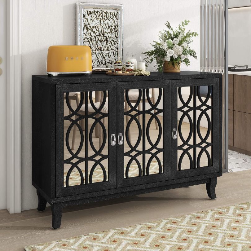 Elegant Black Wood Buffet Cabinet with Mirrored Doors - Image 2