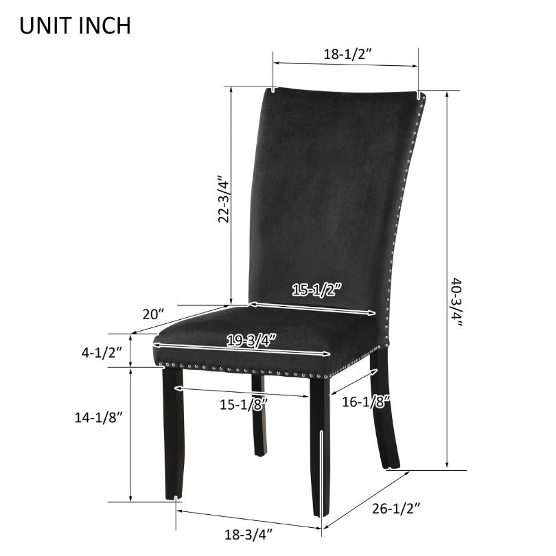 Elegant black velvet armless dining chair set showcasing nailhead trim from the side.
