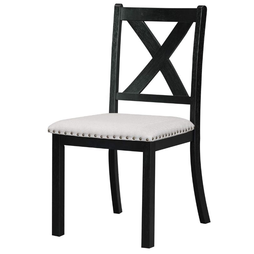Stylish bench accompanying the black and beige farmhouse dining table, enhancing the overall aesthetic.