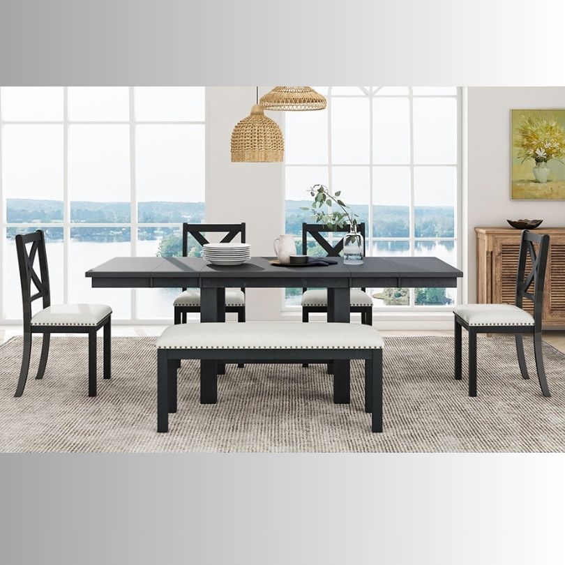 Close-up of the black and beige dining table with a cozy setup for family dining.