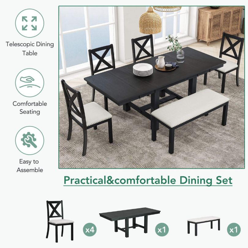 Stylish bench accompanying the black and beige farmhouse dining table, enhancing the overall aesthetic.