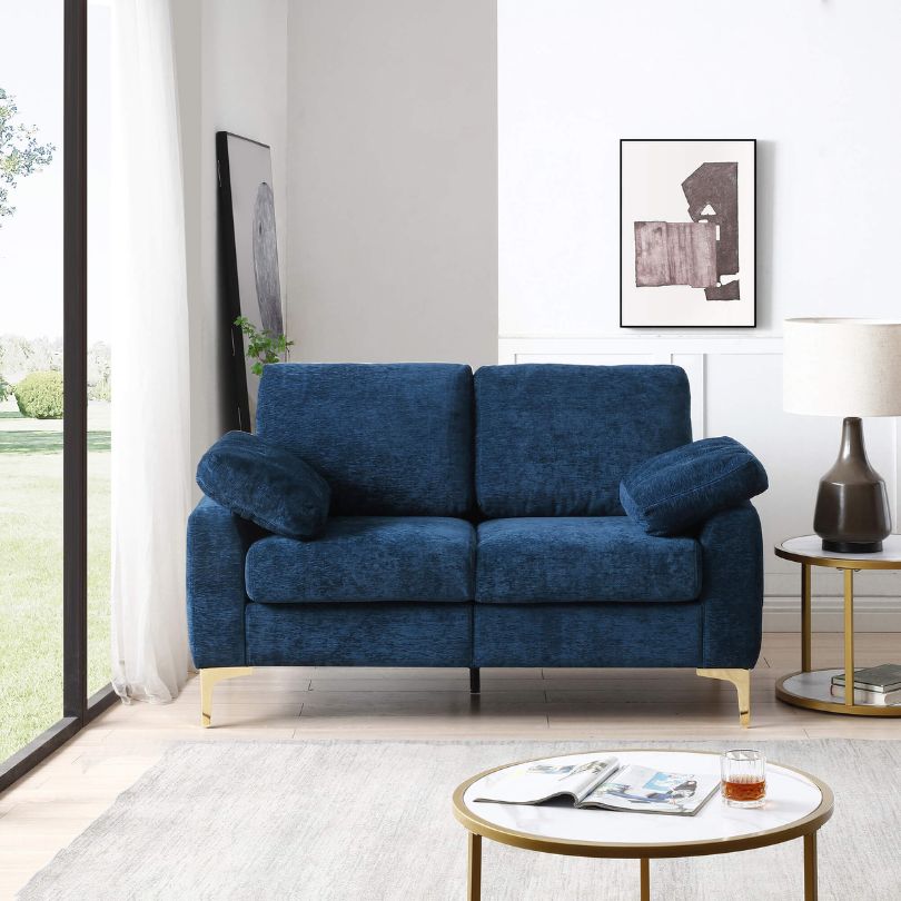 Elegant Blue Diamond tufted chenille loveseat showcasing its luxurious fabric and tufted design from the front view.