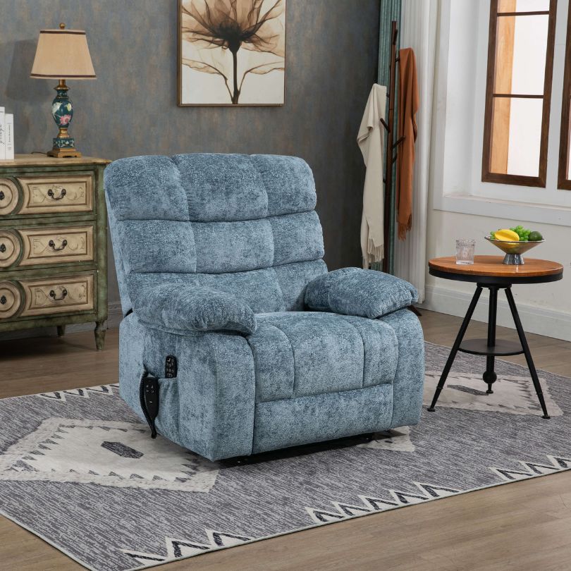 Blue Chenille Dual Motor Lift Chair with Heat and Massage - Image 2