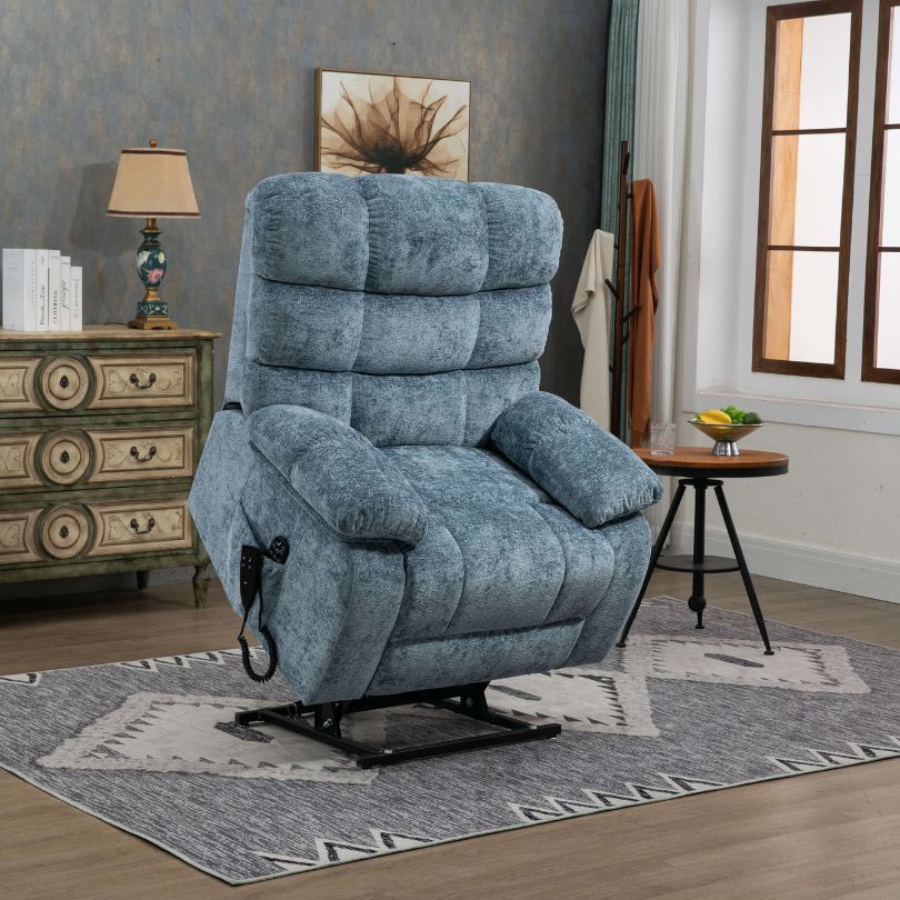 Blue Chenille Dual Motor Lift Chair showcasing modern design and comfort features.