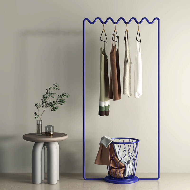 Front view of the Sine Wave Modern Clothes Rack showcasing its sleek design and hooks.
