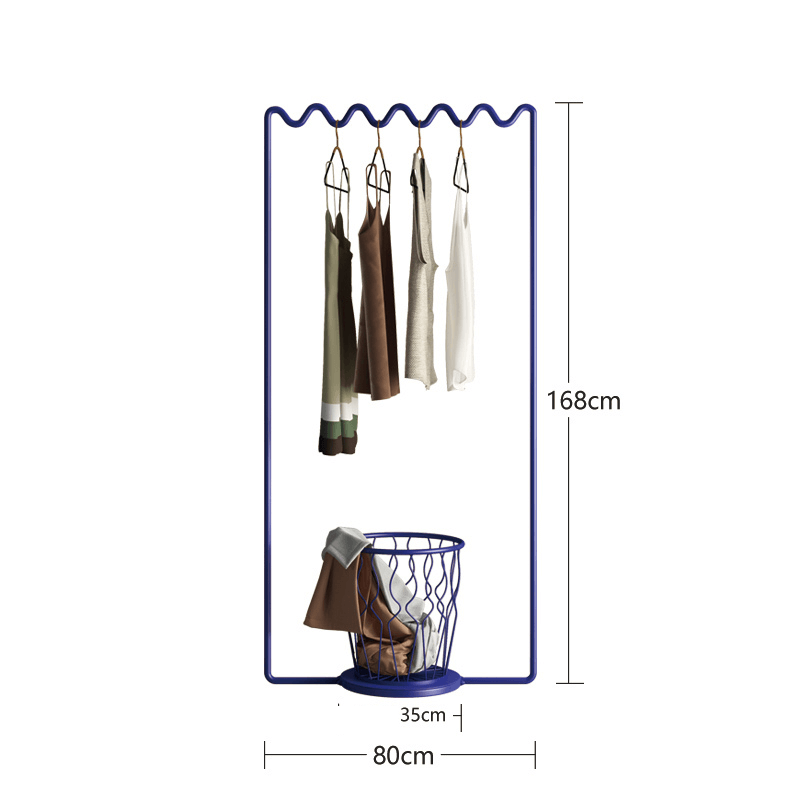 Front view of the Sine Wave Modern Clothes Rack showcasing its sleek design and hooks.