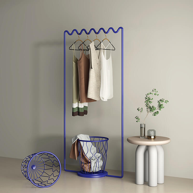 Front view of the Sine Wave Modern Clothes Rack showcasing its sleek design and hooks.