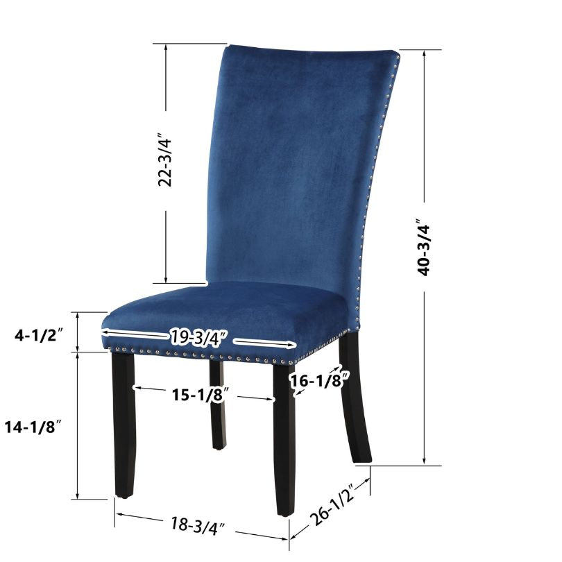 Luxurious blue velvet dining chair set on display in a contemporary dining room.