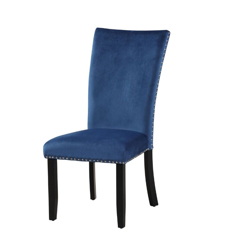 Rubber wood legs of blue velvet dining chair showcasing stability and design.