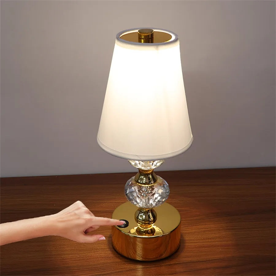 Elegant Crystal Touch Sensor LED Table Lamp illuminating a stylish living room