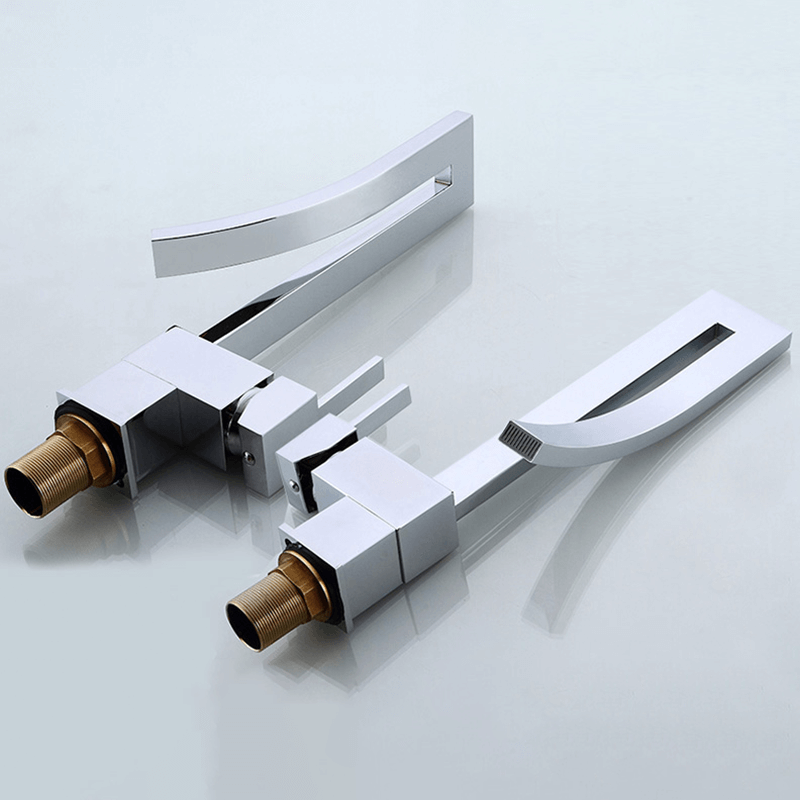 Stylish installation of the deck-mounted mixer faucet in a contemporary bathroom.