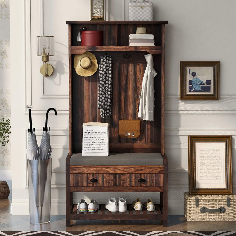 Front view of EverOak™ modern hall tree showing coat rack hooks and seating bench