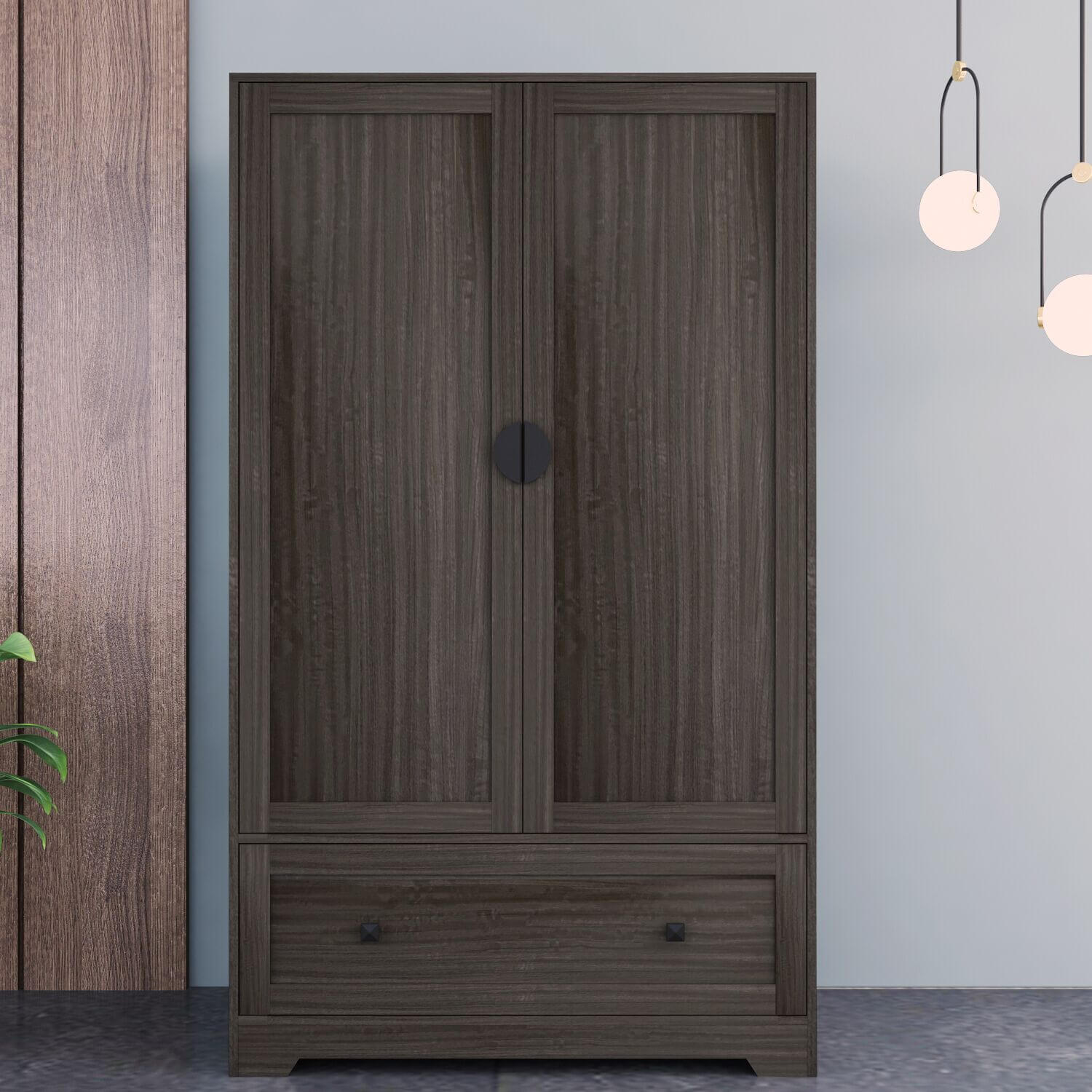Front view of the brown wooden armoire wardrobe highlighting its two doors and stylish finish.