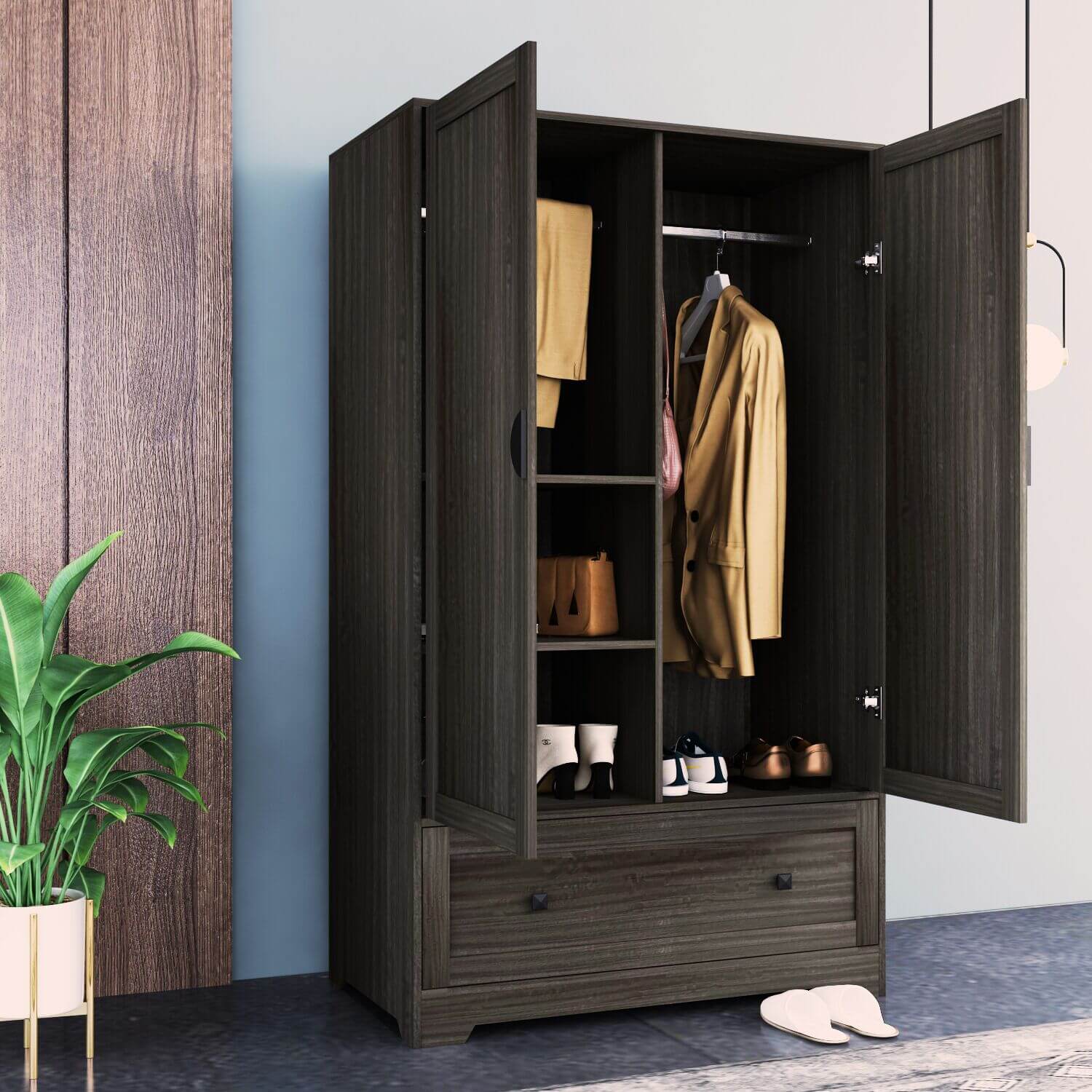 Front view of the brown wooden armoire wardrobe highlighting its two doors and stylish finish.