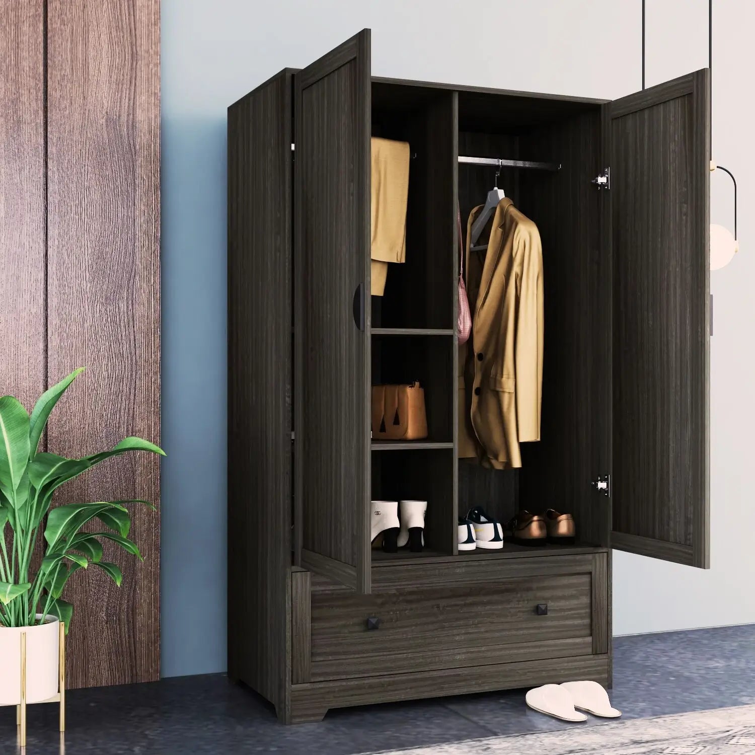 Close-up of the drawer in the armoire, demonstrating smooth metal runners for easy access.