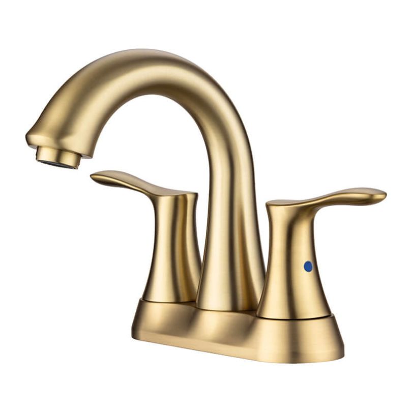 Top view of the brushed gold centerset faucet with drain assembly