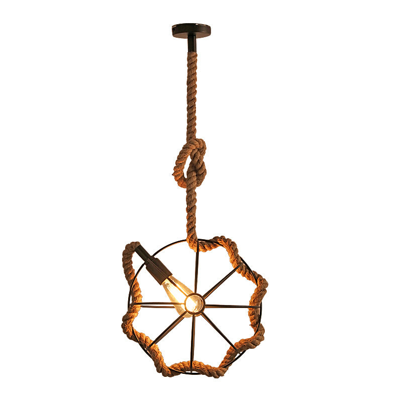 Close-up of the eco-friendly hemp rope industrial pendant light showcasing its unique design.