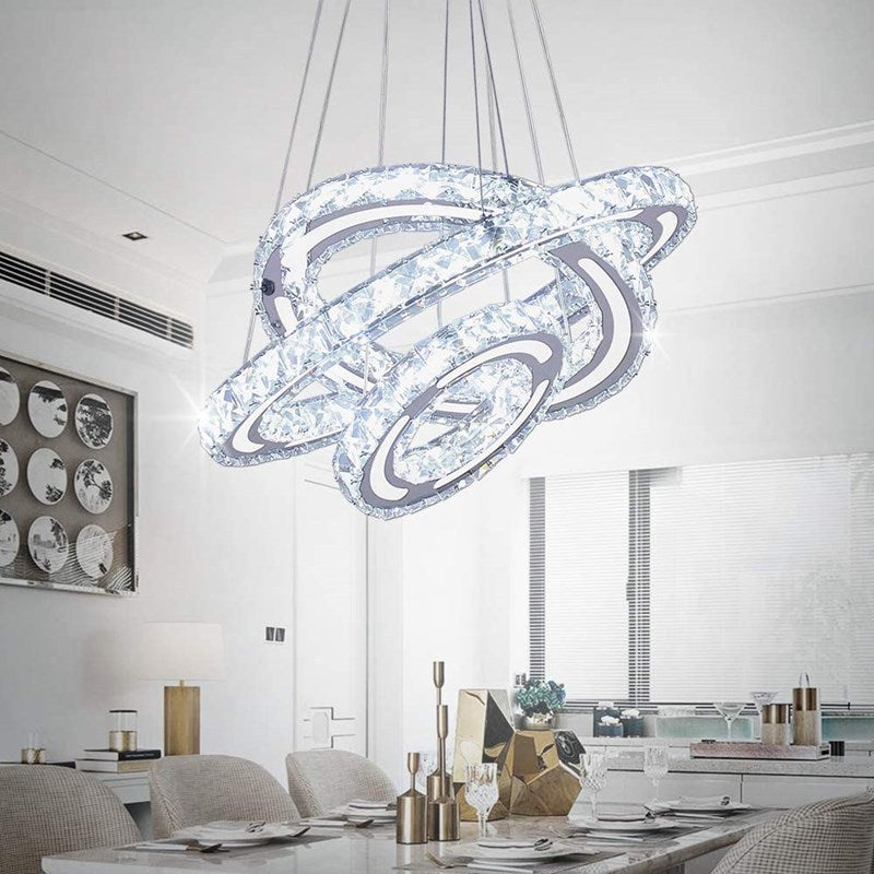 Close-up of the crystal details on the pendant light, showcasing its luxurious design.