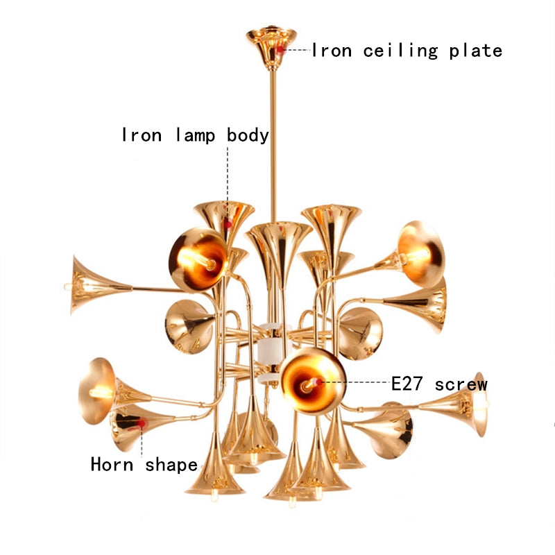 Close-up of the Nordic Brass Horn LED Chandelier highlighting its intricate brass details.