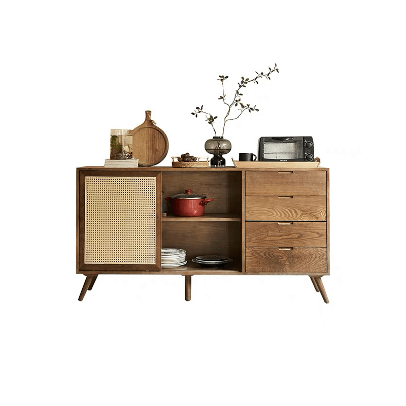 Side view of the sideboard buffet showcasing its spacious drawers and ash wood body.