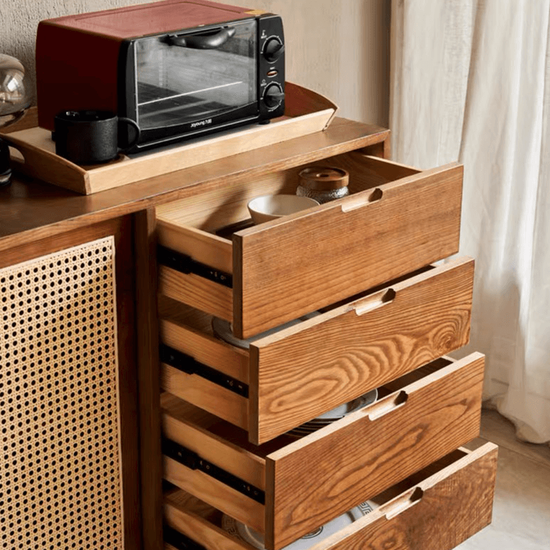 Side view of the sideboard buffet showcasing its spacious drawers and ash wood body.