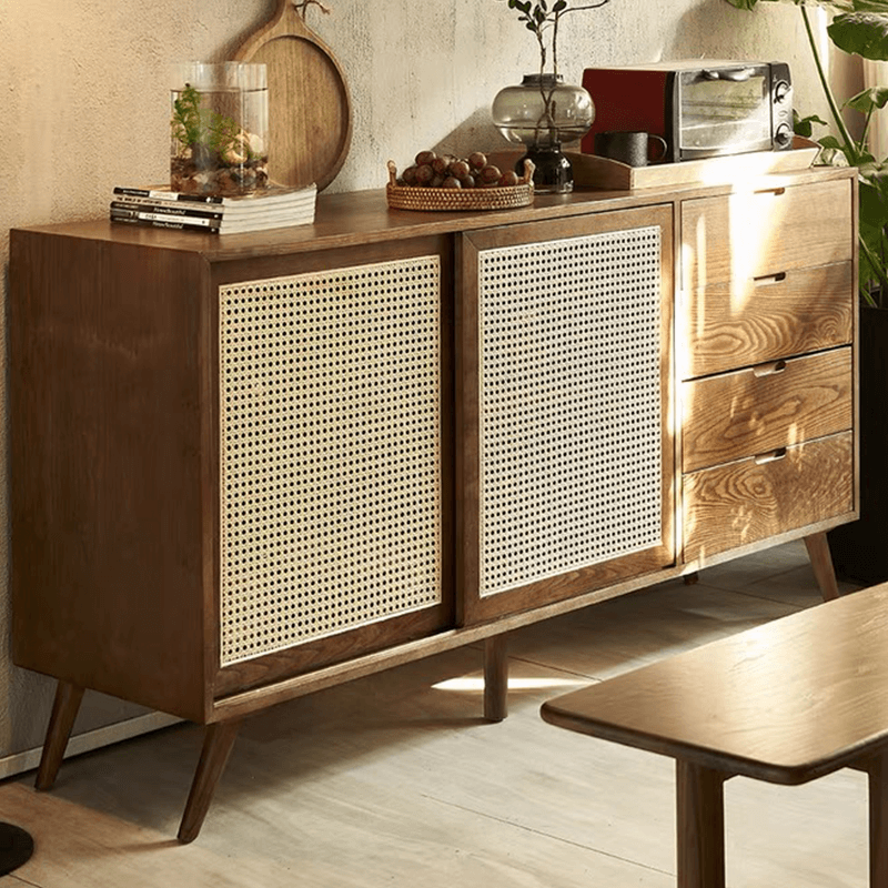 Side view of the sideboard buffet showcasing its spacious drawers and ash wood body.