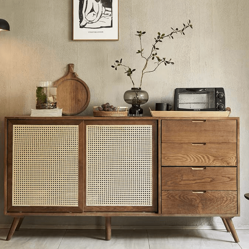 Front view of the Nordic rattan sideboard buffet with drawers, perfect for dining spaces.
