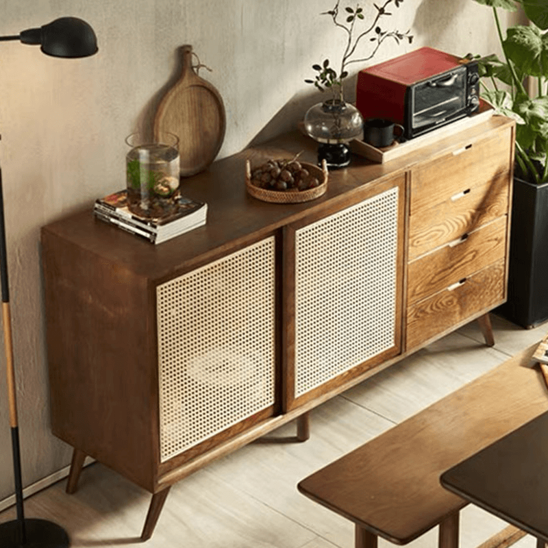 Front view of the Nordic rattan sideboard buffet with drawers, perfect for dining spaces.