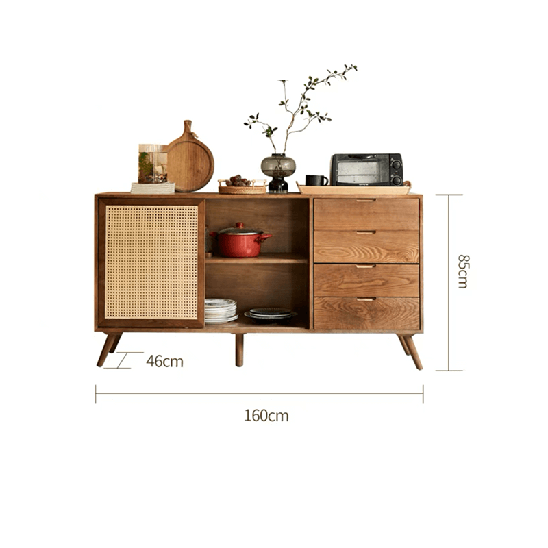 Front view of the Nordic rattan sideboard buffet with drawers, perfect for dining spaces.