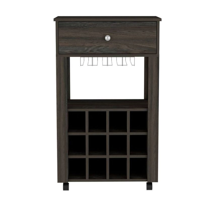 Modern home bar cart ready for a party, featuring a drawer and open shelf for easy access.