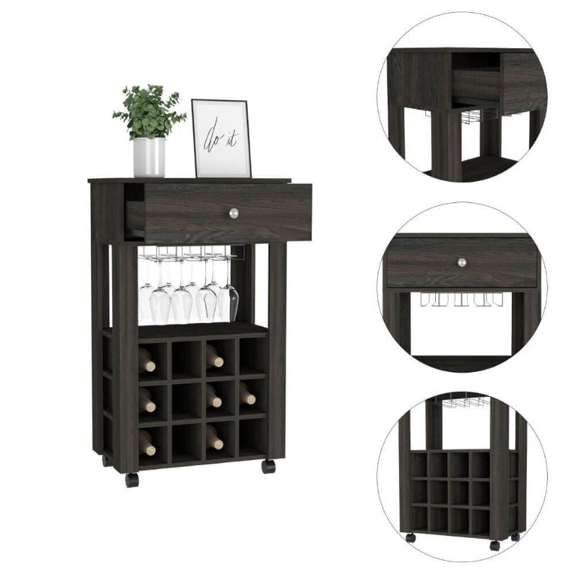 Modern home bar cart ready for a party, featuring a drawer and open shelf for easy access.
