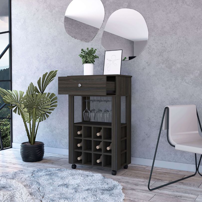 Carbon Espresso bar cart showcasing wine bottles and glassware, ideal for home entertainment.
