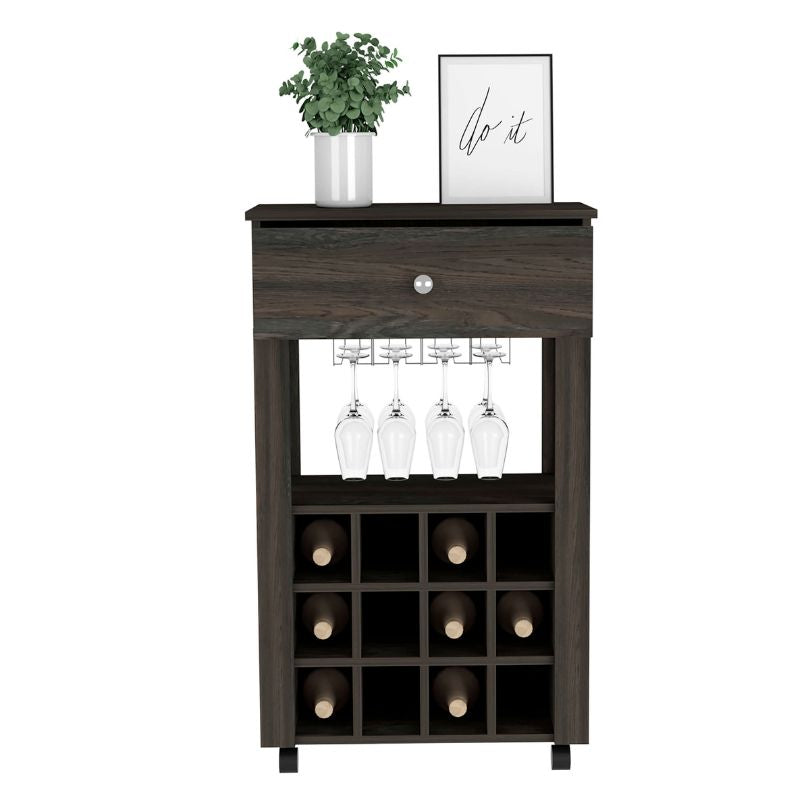 Carbon Espresso bar cart showcasing wine bottles and glassware, ideal for home entertainment.