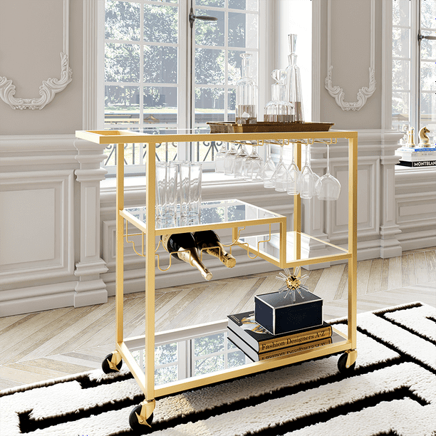 Elegant champagne gold mirror bar cart with wine rack in a stylish setting.