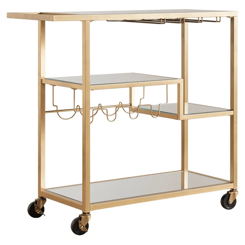 Elegant champagne gold mirror bar cart with wine rack in a stylish setting.
