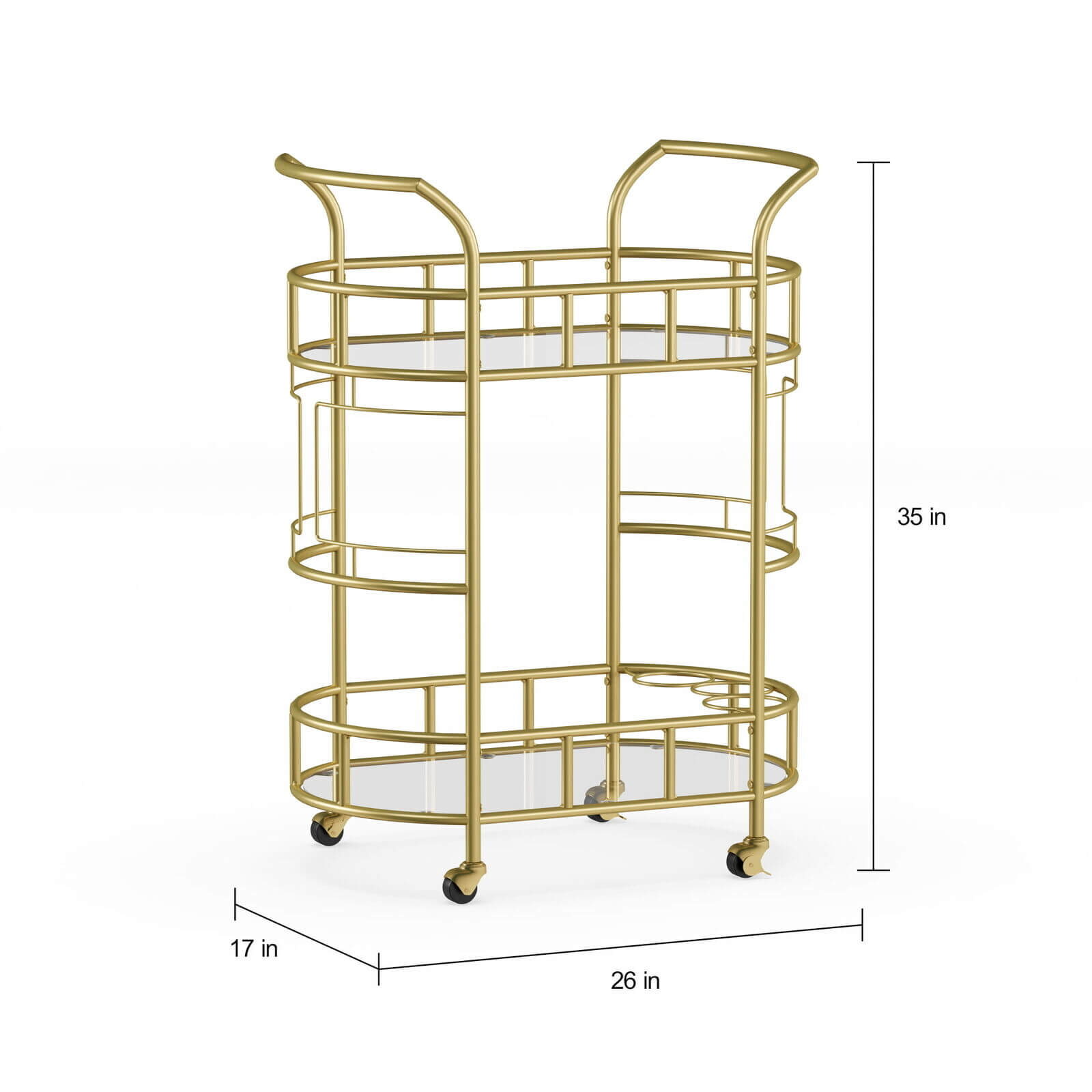 Close-up view of the shelves on the gold mirror bar cart, displaying wine and glasses.