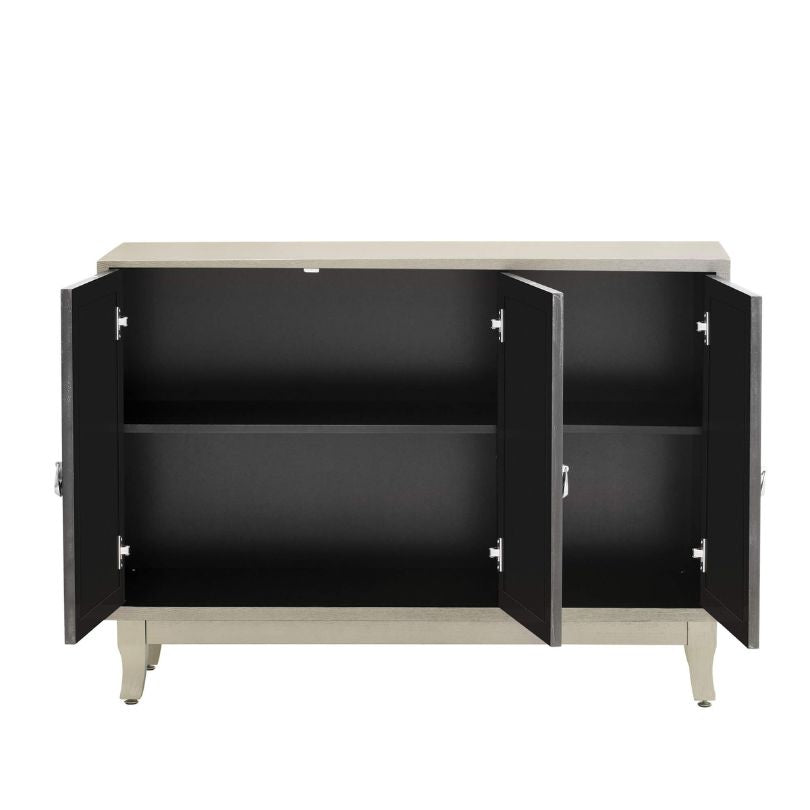 Champagne gold mirrored buffet cabinet front view, highlighting three glass doors and silver handles.
